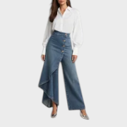 Henny | Γυναικείο Μόδα Υψηλή Μέση Ασύμμετρο Κουμπί Στρωματοποιημένα Φαρδιά Τζιν Παντελόνια