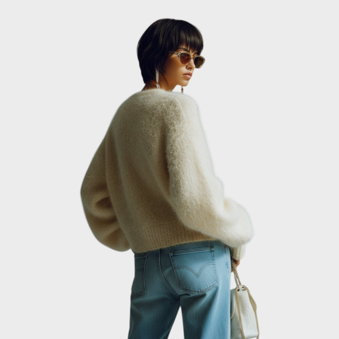 Alannah | Chic Vintage Βεραμάν Στρογγυλή Λαιμόκοψη Μονόκουμπο Μακρυμάνικο Πουλόβερ με Λεπτομέρειες από Πέρλες Oversize Φαζωτό Πλεκτό Καρντάν