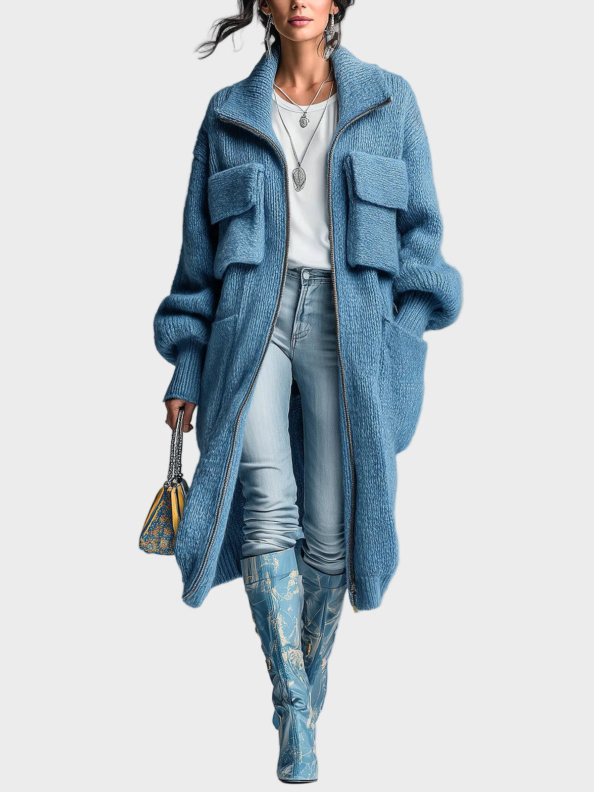 Doloris | Κομψή Vintage Μπλε Μάξι Ζακέτα με Φερμουάρ Μπροστά, Τσέπες Utility και Μεγάλη Απαλή Πλέξη