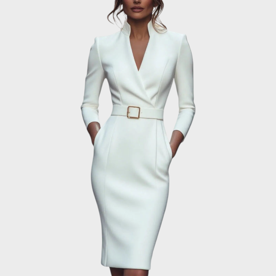 Tricia | Εκλεπτυσμένο Μαύρο Φόρεμα με Ζώνη και Μανδαρινό Γιακά