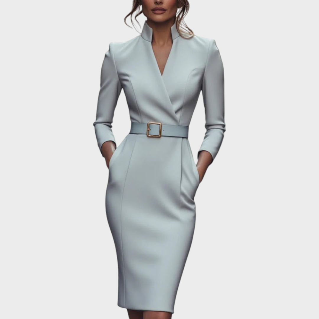 Tricia | Εκλεπτυσμένο Μαύρο Φόρεμα με Ζώνη και Μανδαρινό Γιακά