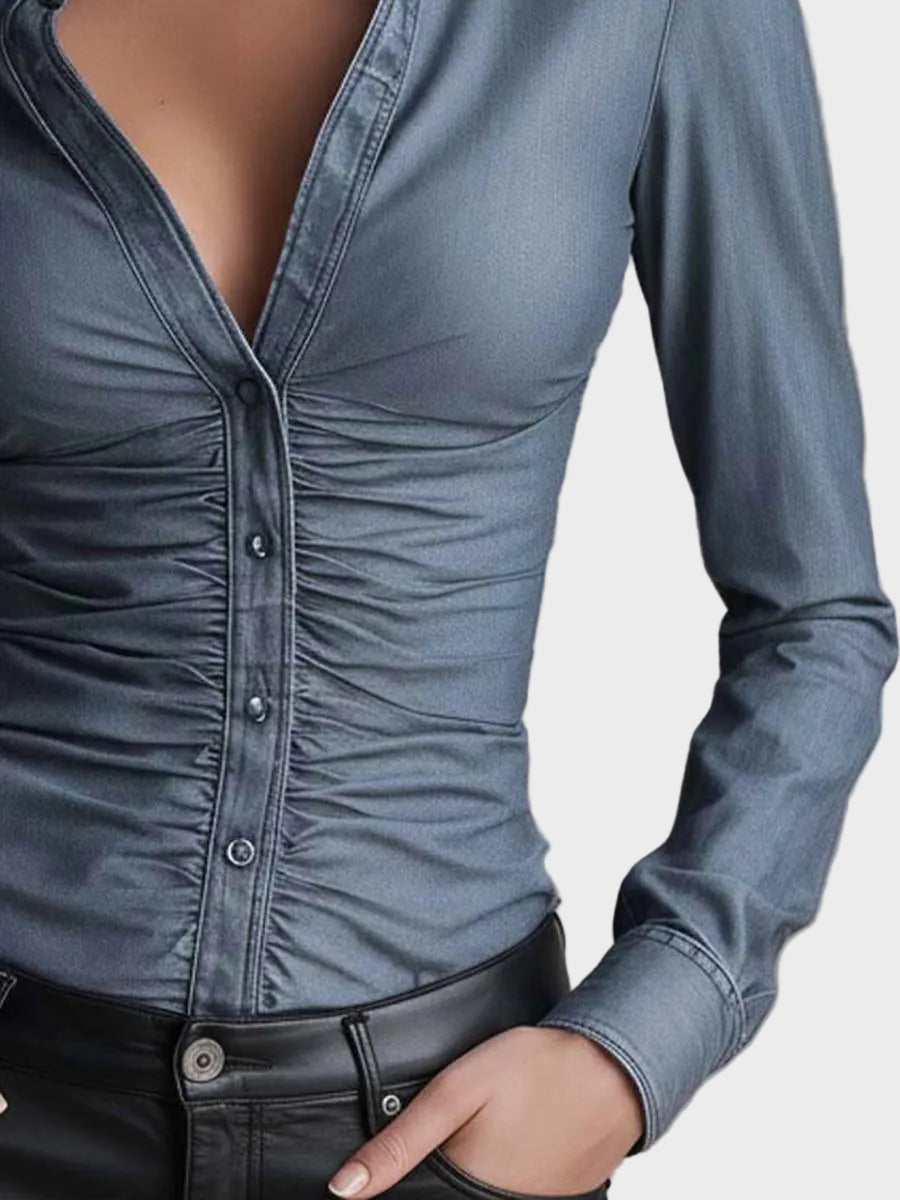 Tencel Εφαρμοστό Τζιν Πουκάμισο με Σούρες στη Μέση