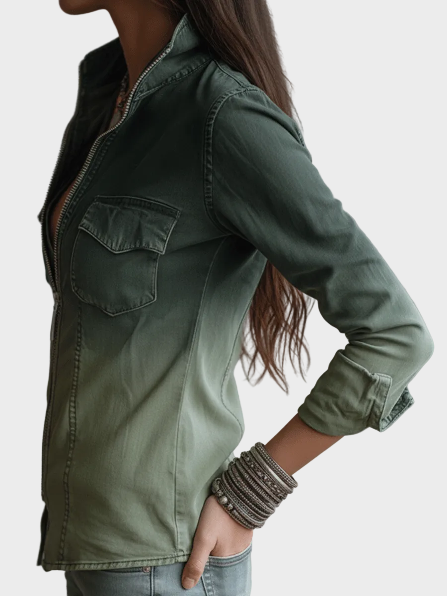 Zulu | Casual Πράσινη Ντεγκραντέ Denim Μπλούζα με Φερμουάρ και Τσέπες Workwear