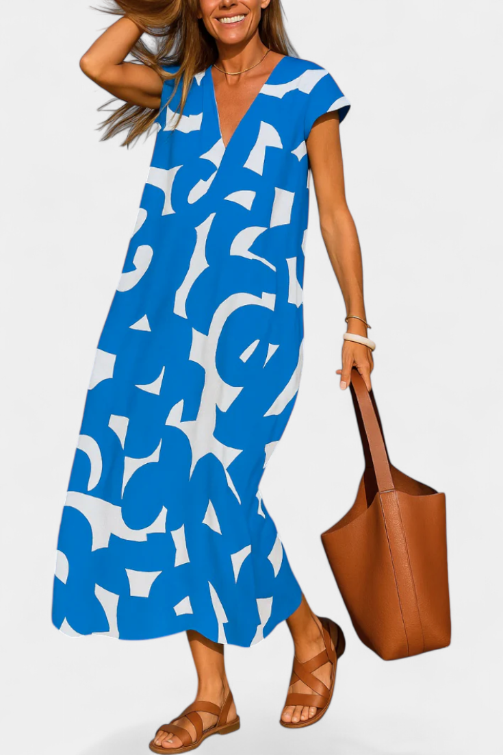 Asela Casual Φόρεμα με Λαιμόκοψη V και Μοτίβο Mixi