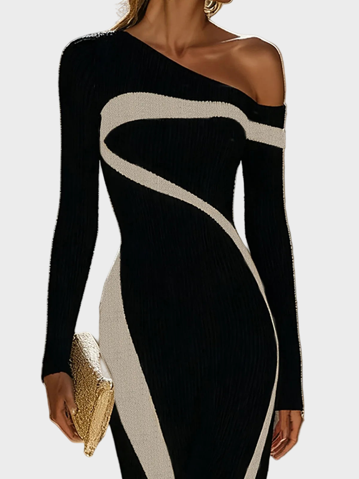 June| Κομψό Μονόχρωμο Bodycon Φόρεμα με Αντίθεση και Έναν Ώμο