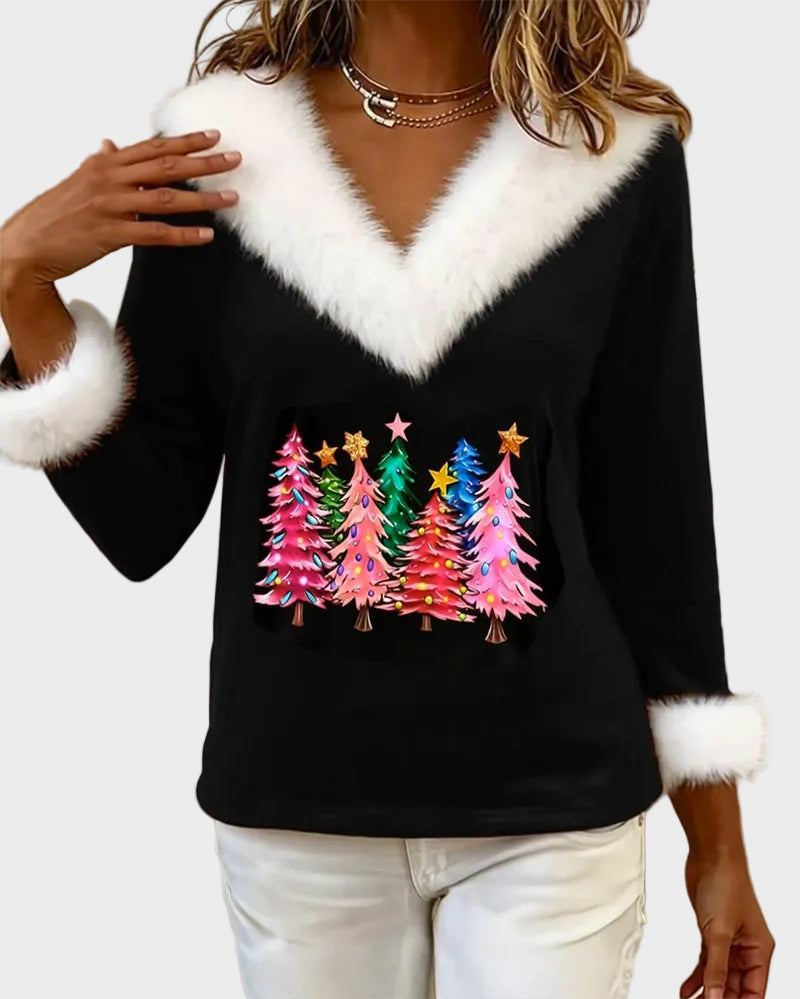 Aubrey Φλις Μπλούζα με V-λαιμόκοψη και Σχέδιο Χριστουγεννιάτικου Δέντρου
