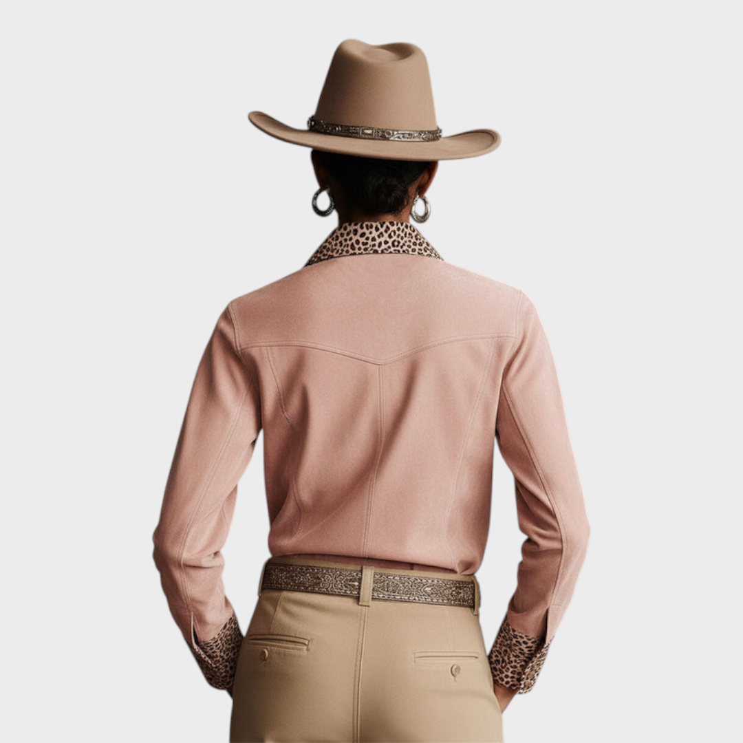 Macey | Δυτική Ρετρό Λεοπάρ Γυναικεία Μπλούζα Ροζ Ψεύτικης Δερματίνης με Μακριά Μανίκια