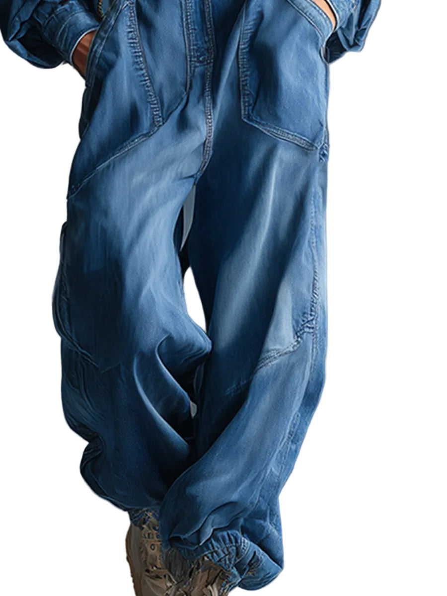 Priscilla - Casual Loose-fit Denim Jumpsuit με Κουκούλα, Κουμπιά στο Μπροστινό Μέρος και Μακριά Μανίκια σε Μπλε Χρώμα (Casual Loose-fit Hooded Blue Denim Button-front Long-sleeved Jumpsuit)