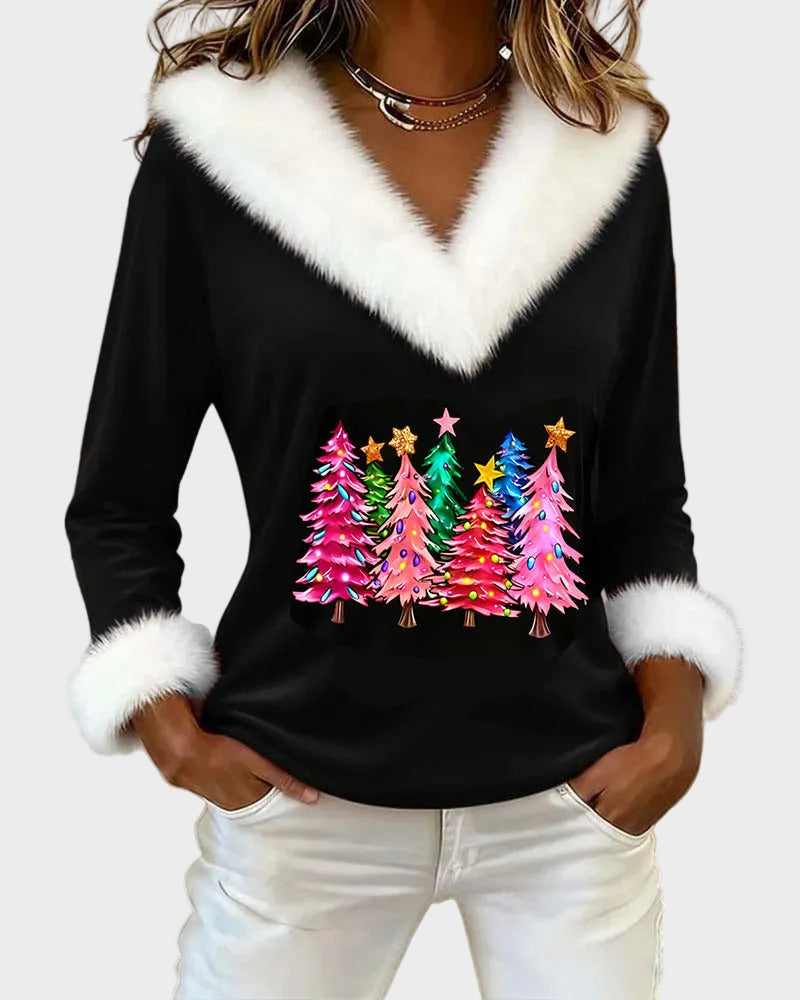 Aubrey Φλις Μπλούζα με V-λαιμόκοψη και Σχέδιο Χριστουγεννιάτικου Δέντρου