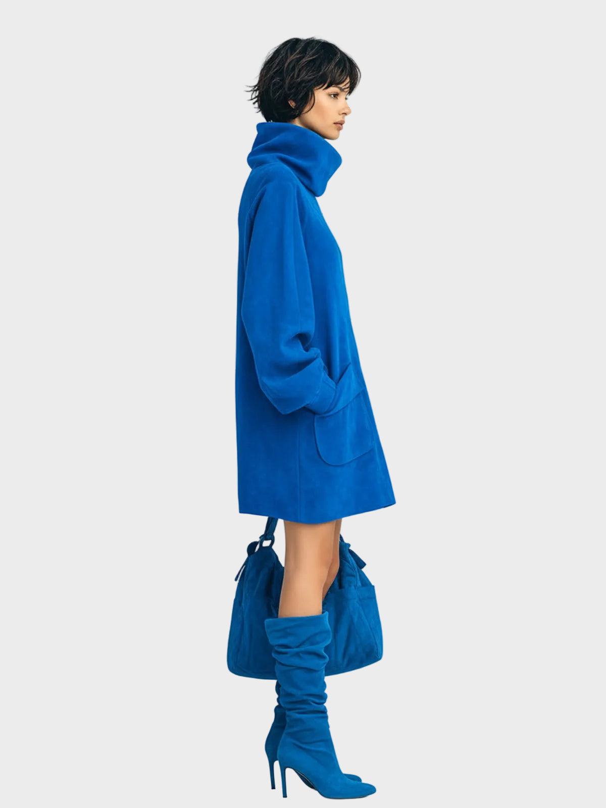 Meria | Κομψό Royal Blue Μίνι Φόρεμα από Τεχνητό Σουέτ με Oversized Ζιβάγκο, Μακριά Μανίκια Lantern και Τσέπες-Patch