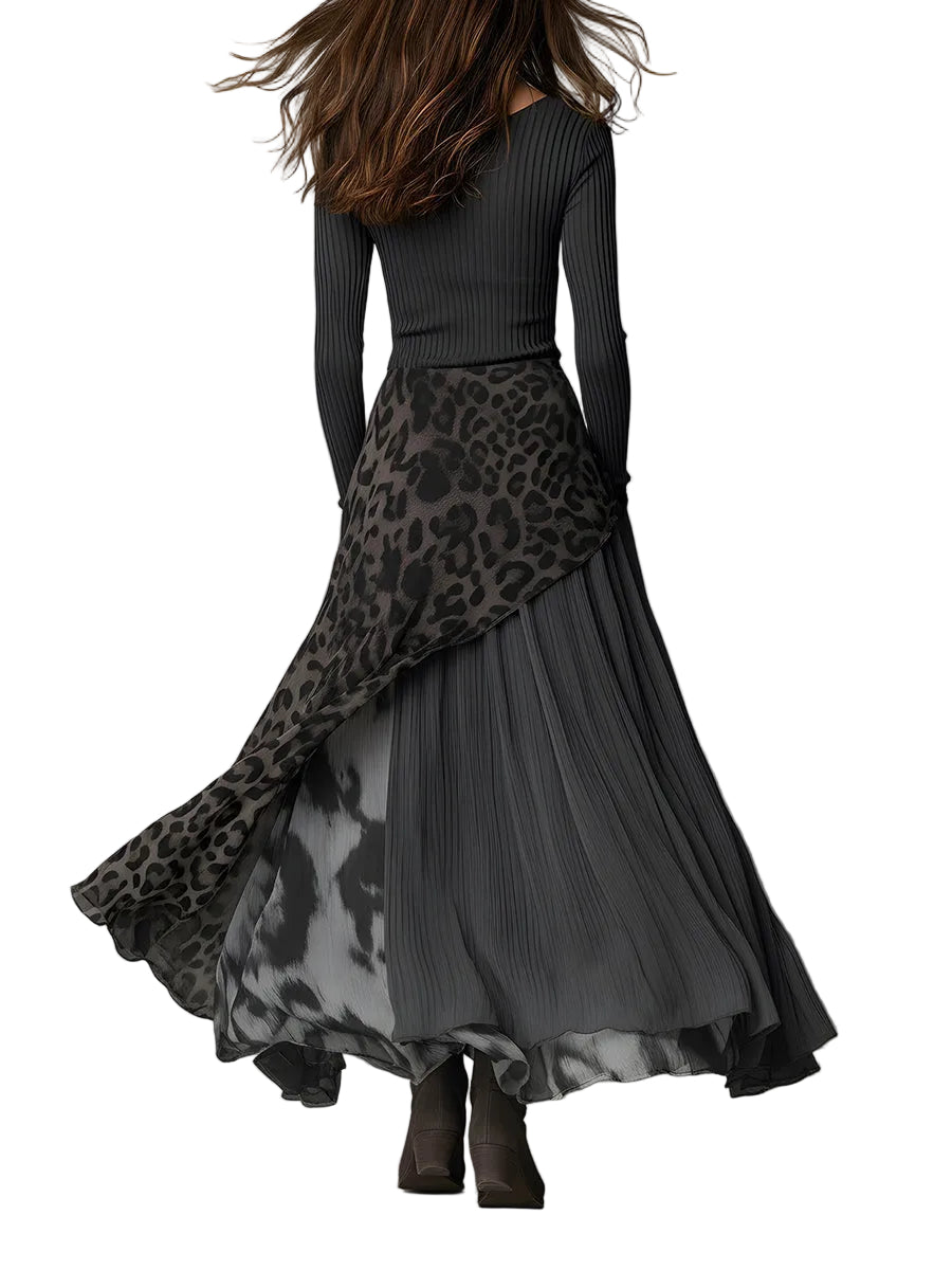 Blair - Μάξι Φόρεμα με Bohemian Σχέδιο, Ψιλή Ρίγα, Leopard Print και Ασύμμετρο Τελείωμα (Bohemian Pit Stripe Leopard Print Splicing Irregular Hem Maxi Dress)