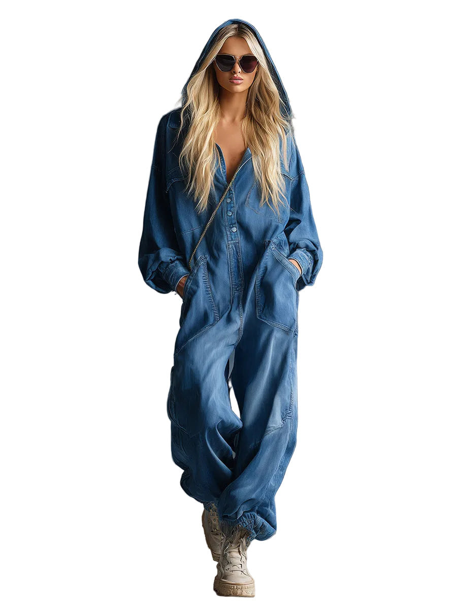 Priscilla - Casual Loose-fit Denim Jumpsuit με Κουκούλα, Κουμπιά στο Μπροστινό Μέρος και Μακριά Μανίκια σε Μπλε Χρώμα (Casual Loose-fit Hooded Blue Denim Button-front Long-sleeved Jumpsuit)