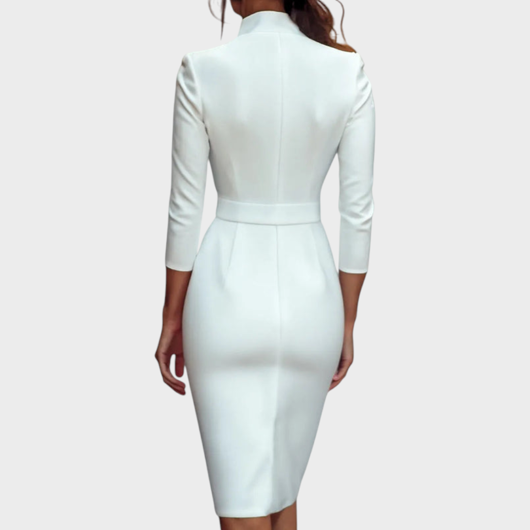 Tricia | Εκλεπτυσμένο Μαύρο Φόρεμα με Ζώνη και Μανδαρινό Γιακά