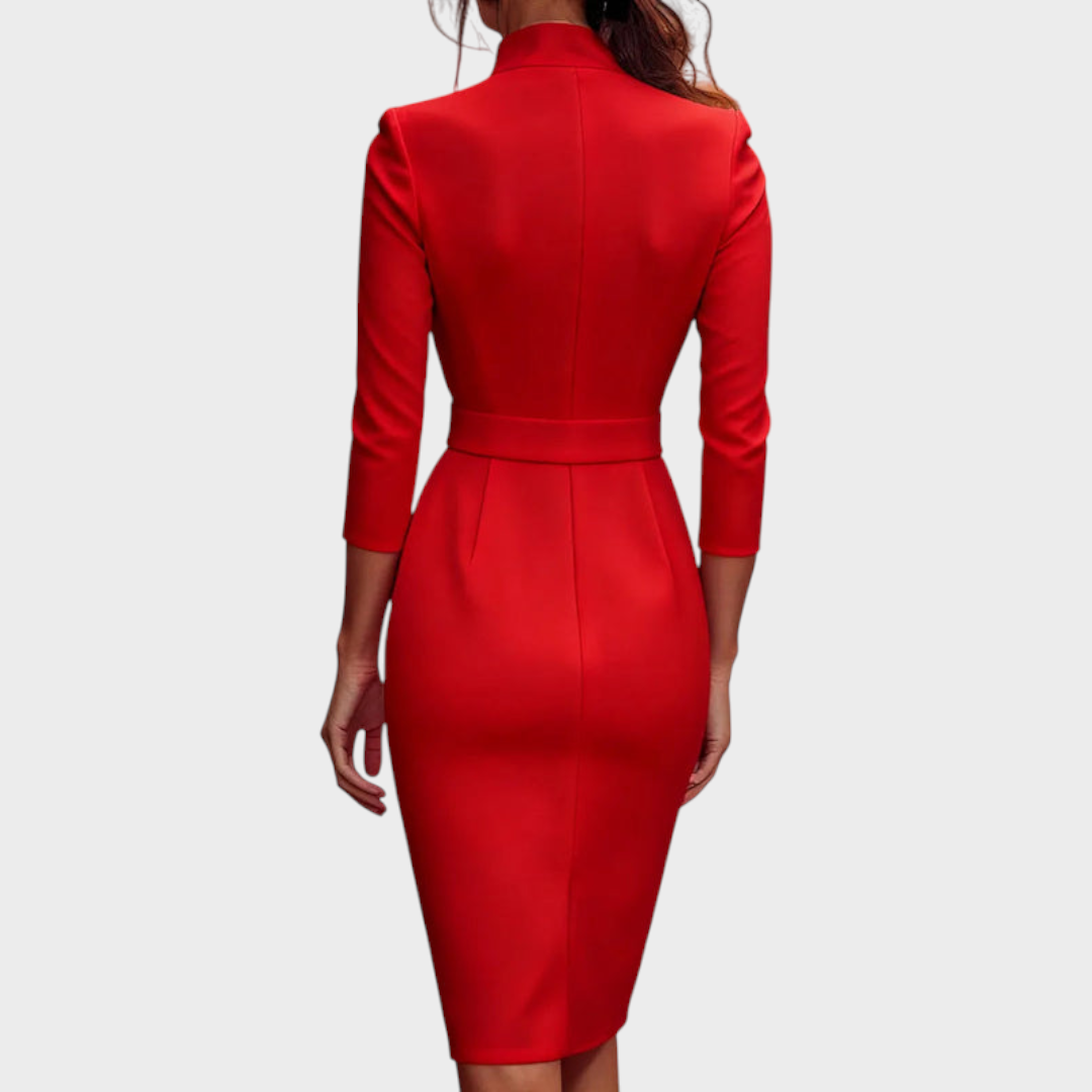 Tricia | Εκλεπτυσμένο Μαύρο Φόρεμα με Ζώνη και Μανδαρινό Γιακά