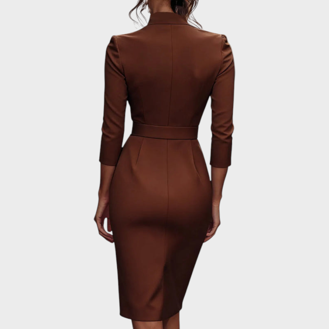 Tricia | Εκλεπτυσμένο Μαύρο Φόρεμα με Ζώνη και Μανδαρινό Γιακά