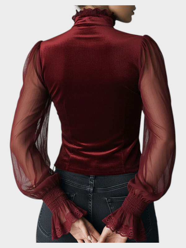 Jewel | Γοτθική Μπλούζα Κορσέ από Μαύρο Βελούδο με Δαντελένιο Τελείωμα και Διαφανή Μανίκια