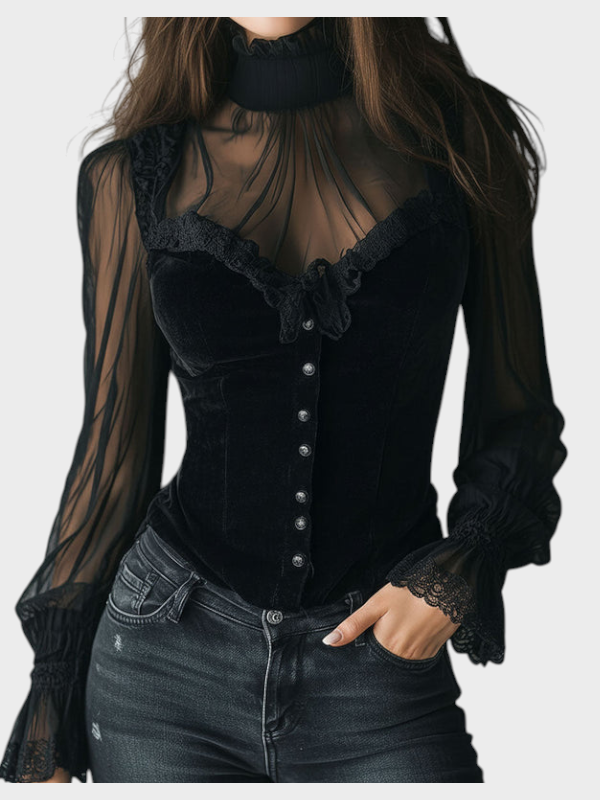 Jewel | Γοτθική Μπλούζα Κορσέ από Μαύρο Βελούδο με Δαντελένιο Τελείωμα και Διαφανή Μανίκια