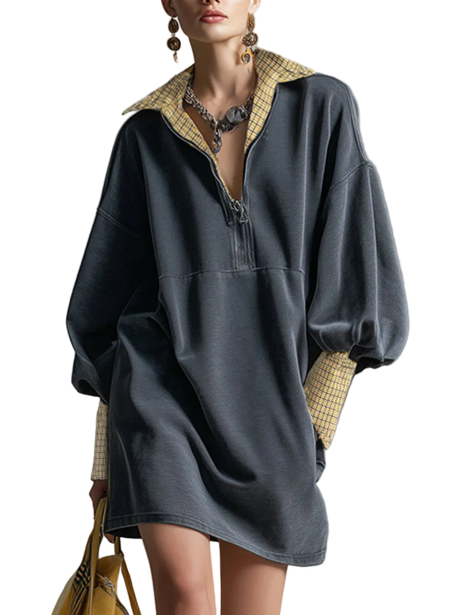 Carrie -Casual Σπορ Μίνι Φόρεμα-Φούτερ από Γκρι Ξεπλυμένο Βαμβάκι με Καρό Λεπτομέρειες (Casual Sporty Plaid Trim Gray Washed Cotton Sweatshirt Mini Dress)