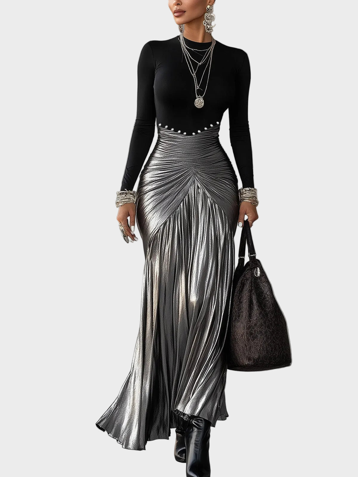 Donna | Μαύρο Μάξι Πλισέ Φόρεμα με Στρογγυλή Λαιμόκοψη και Μεταλλικό Ασημί Σχέδιο