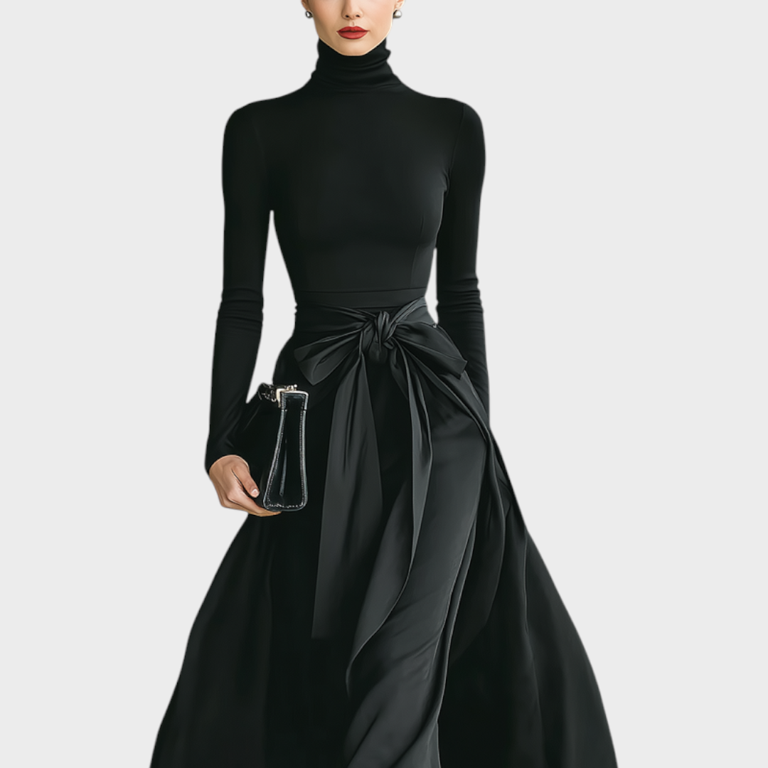 Hellen | Γυναικείο Μαύρο Φόρεμα Maxi με Ψηλό Λαιμό, Υψηλή Ελαστικότητα, Πλεκτό και Σατέν Φούστα
