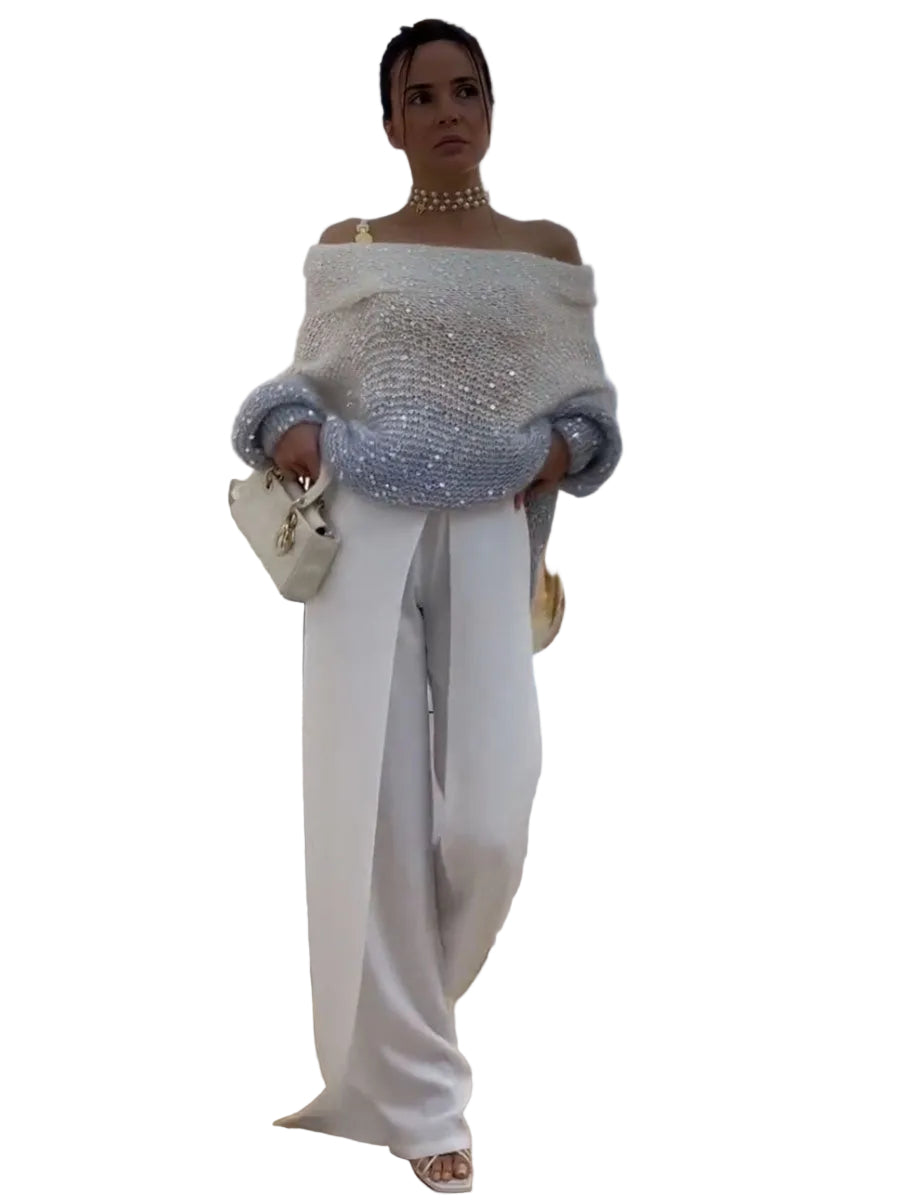 Mia | Πλεκτό Πουλόβερ με Λάμψη και Έξω τους Ώμους (Sparkle Off Shoulder Knit Sweater)