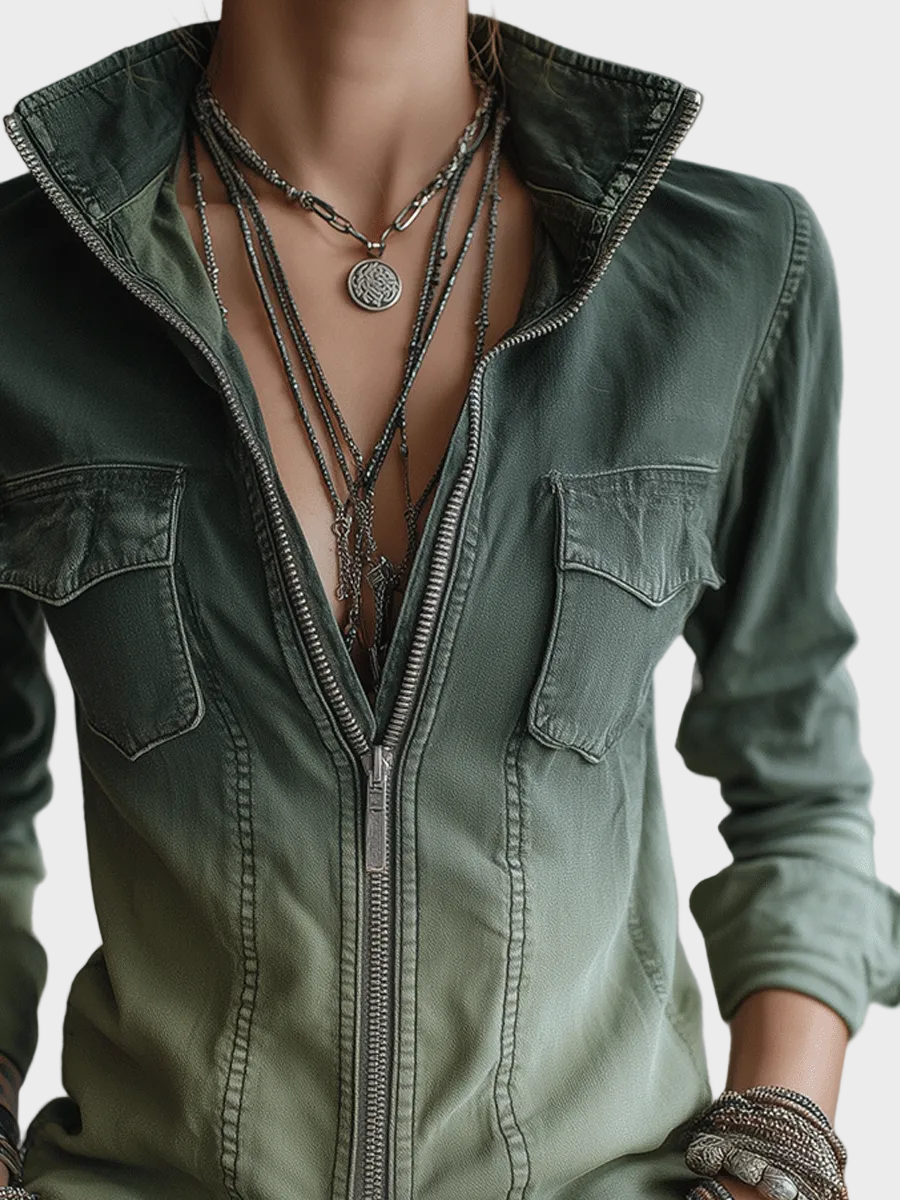 Zulu | Casual Πράσινη Ντεγκραντέ Denim Μπλούζα με Φερμουάρ και Τσέπες Workwear