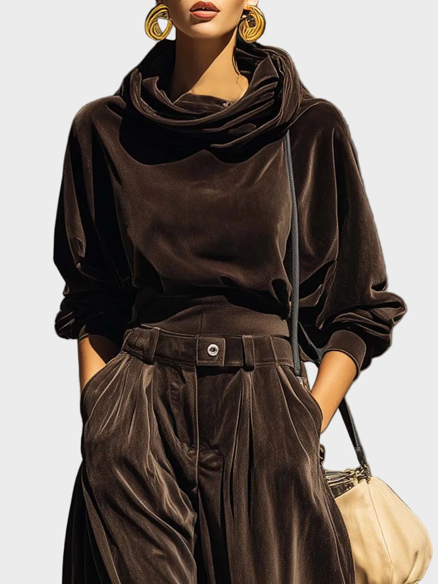 Lisa | Vintage καφέ βελούδινο σετ με φούτερ με κουκούλα και παντελόνι σε χαλαρή γραμμή