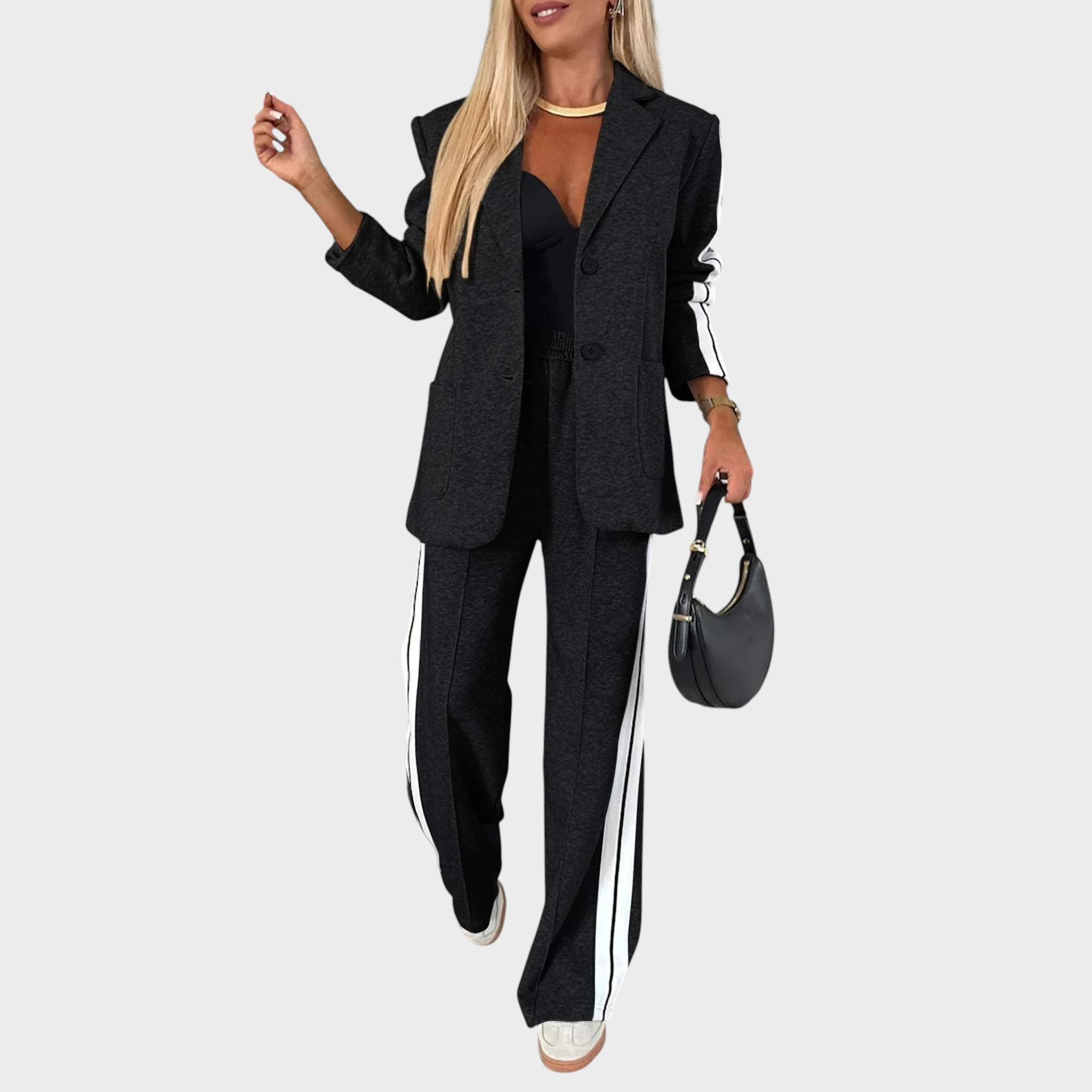 MAELYN™ - Κομψό σετ με ριγέ σακάκι-παλτό και παντελόνι με φαρδιά μπατζάκια