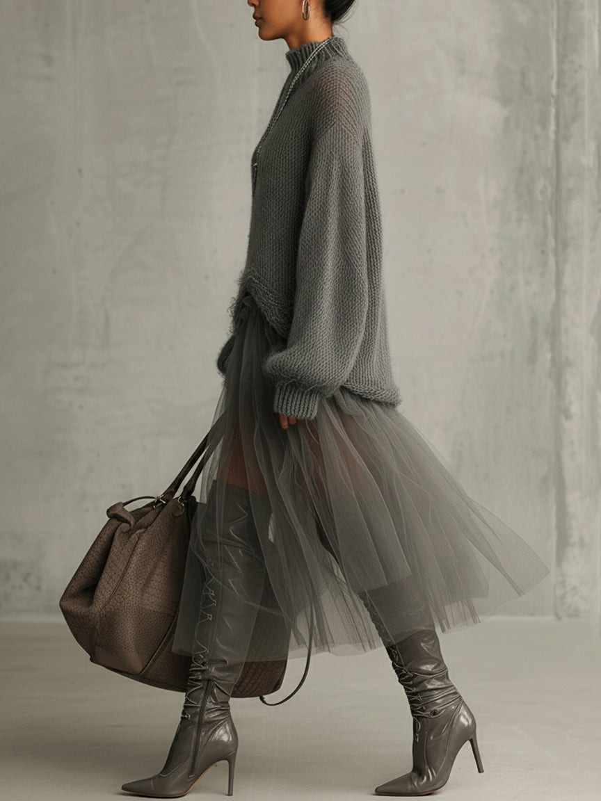 Cassie | Γκρι Μοχέρ Και Τούλι Πανέλα Μαξι Φόρεμα