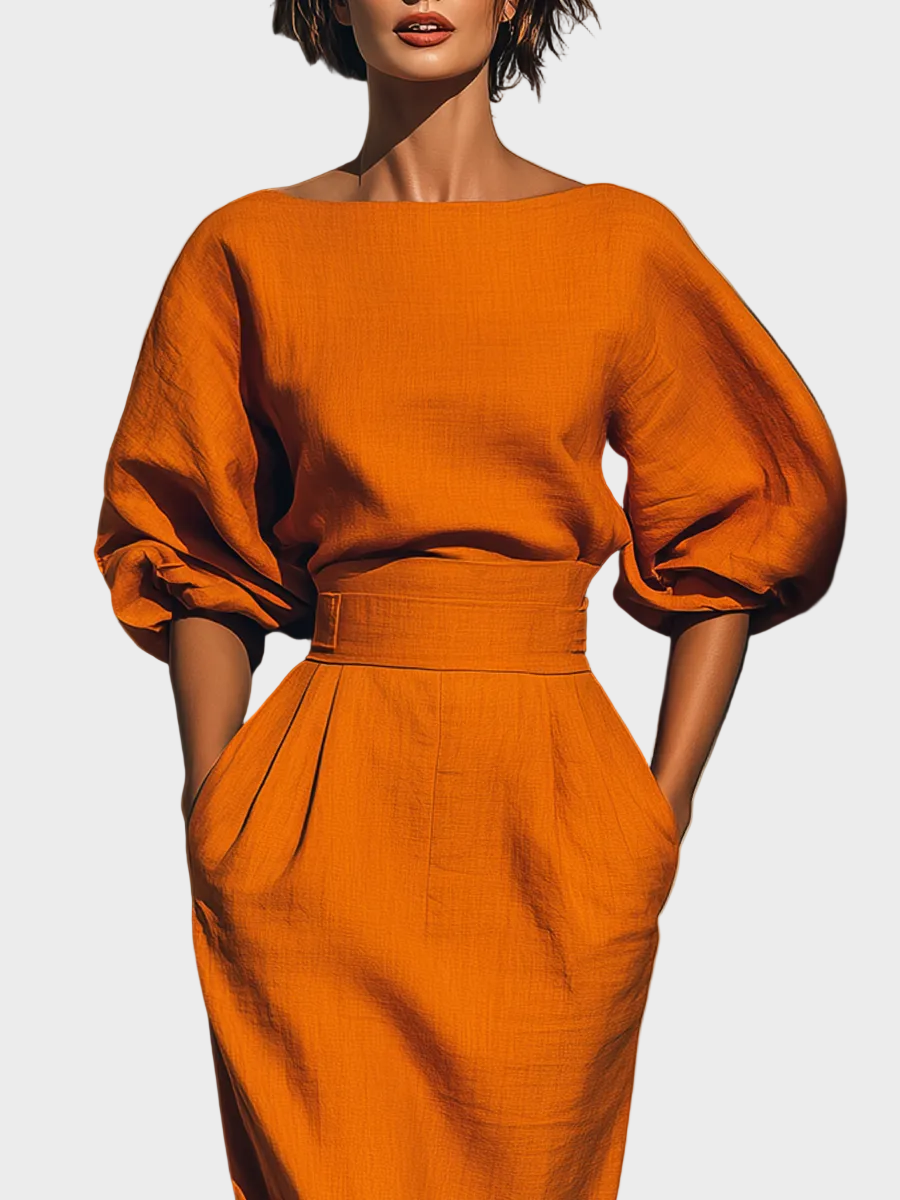 Bianca| Γυναικείο Σετ με Πορτοκαλί Μπλούζα με Μανίκι Μισό και Μίντι Φούστα