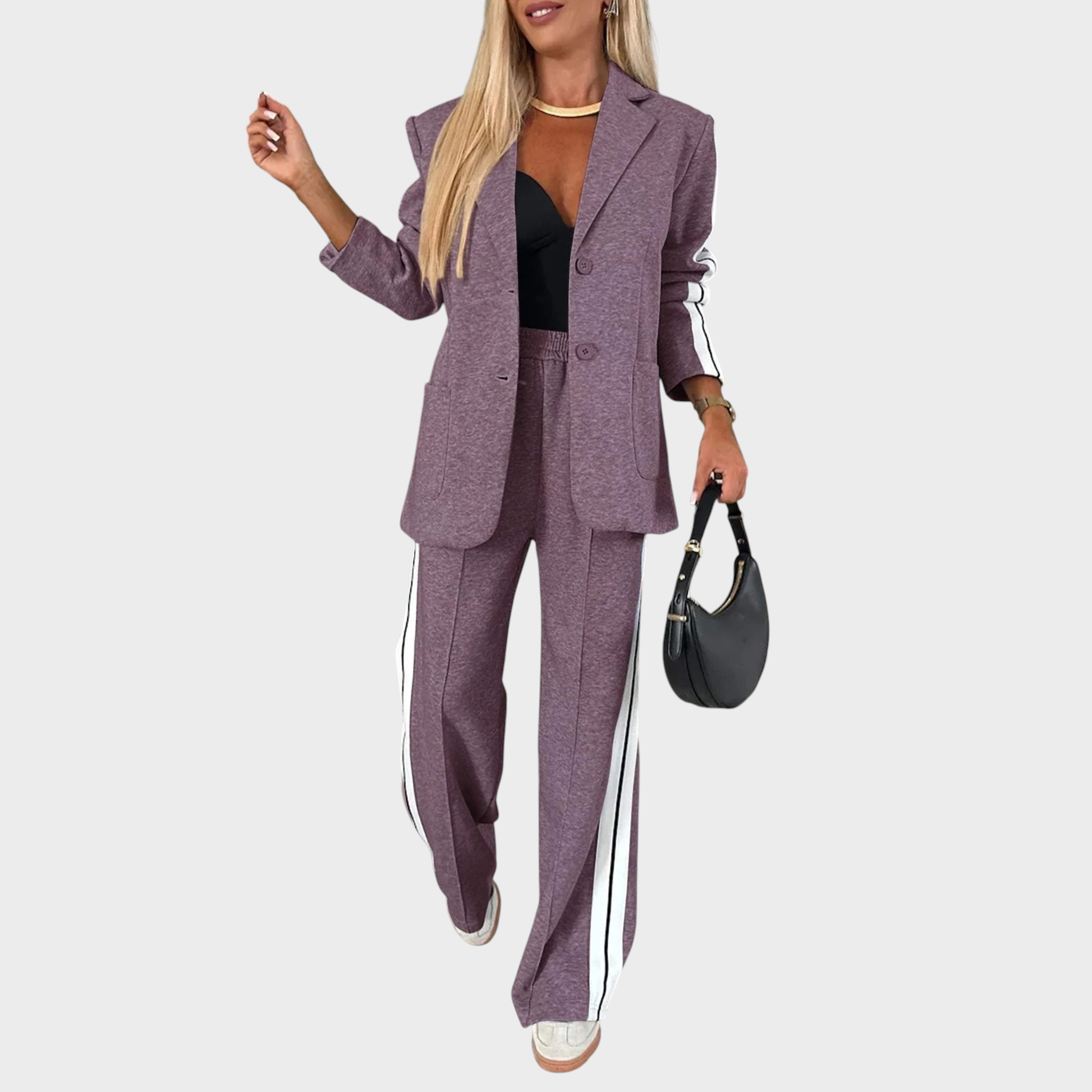 MAELYN™ - Κομψό σετ με ριγέ σακάκι-παλτό και παντελόνι με φαρδιά μπατζάκια