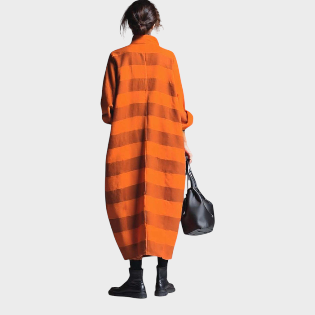 Brenda | Vintage Μόδα Υπερβολικά Χαλαρό V-λαιμό Μεγάλες Τσέπες Πορτοκαλί Και Καφέ Φαρδιά Ριγέ Maxi Φόρεμα