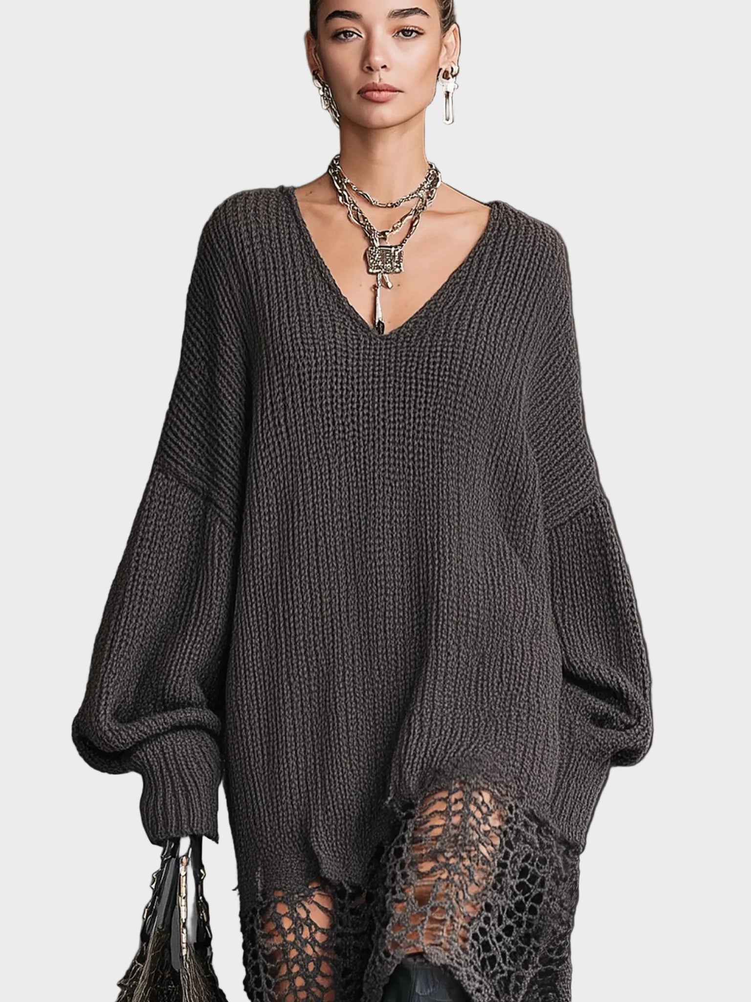 Vannesa| V-Neck Πλεκτό Μίντι Φόρεμα με Διχτυωτά Μακριά Μανίκια