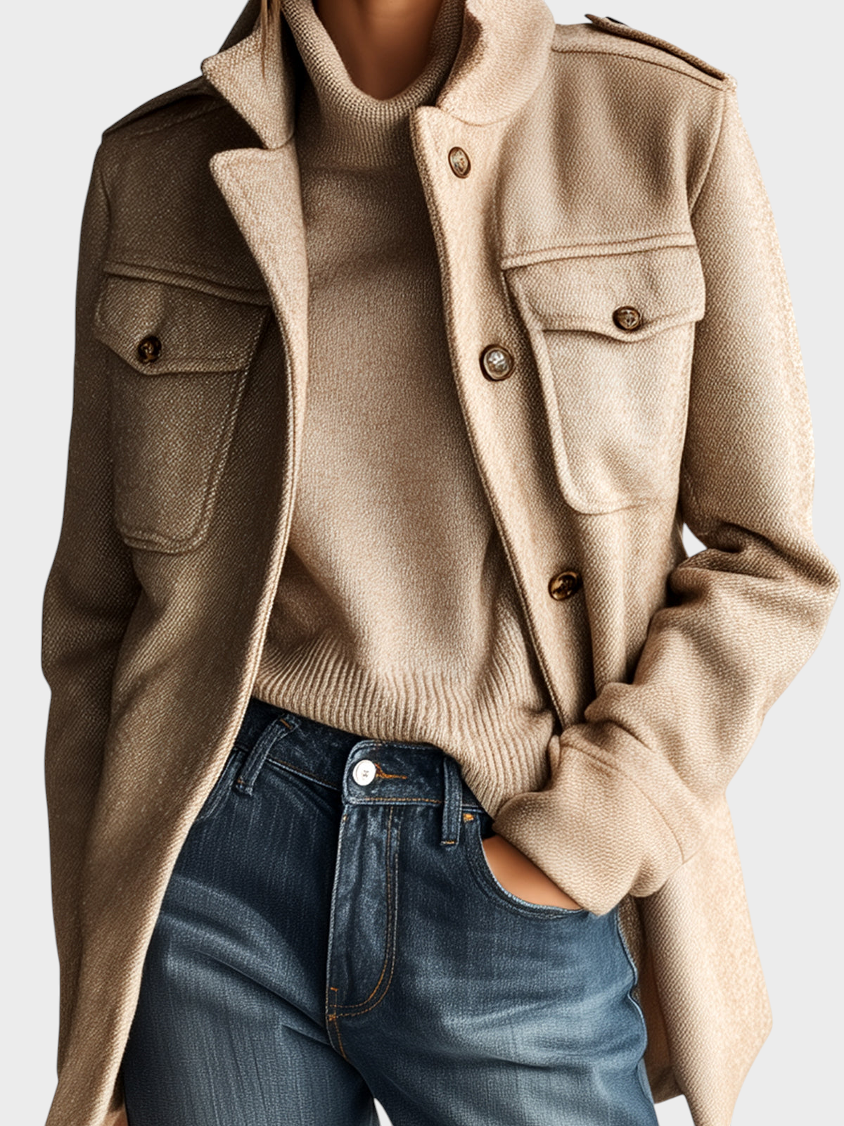 Eleven Ora Vintage Casual Καμηλό Μίγμα Μαλλιού Μπουφάν Στάντ Κολάρο με Επιθέματα και Πολλαπλές Τσέπες