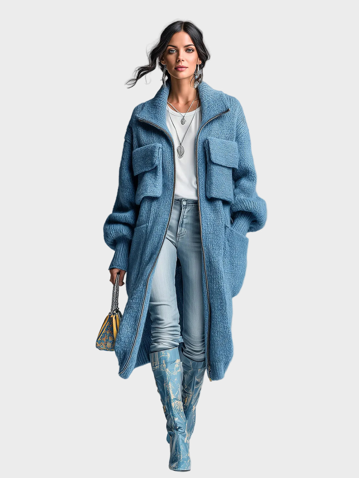 Doloris | Κομψή Vintage Μπλε Μάξι Ζακέτα με Φερμουάρ Μπροστά, Τσέπες Utility και Μεγάλη Απαλή Πλέξη