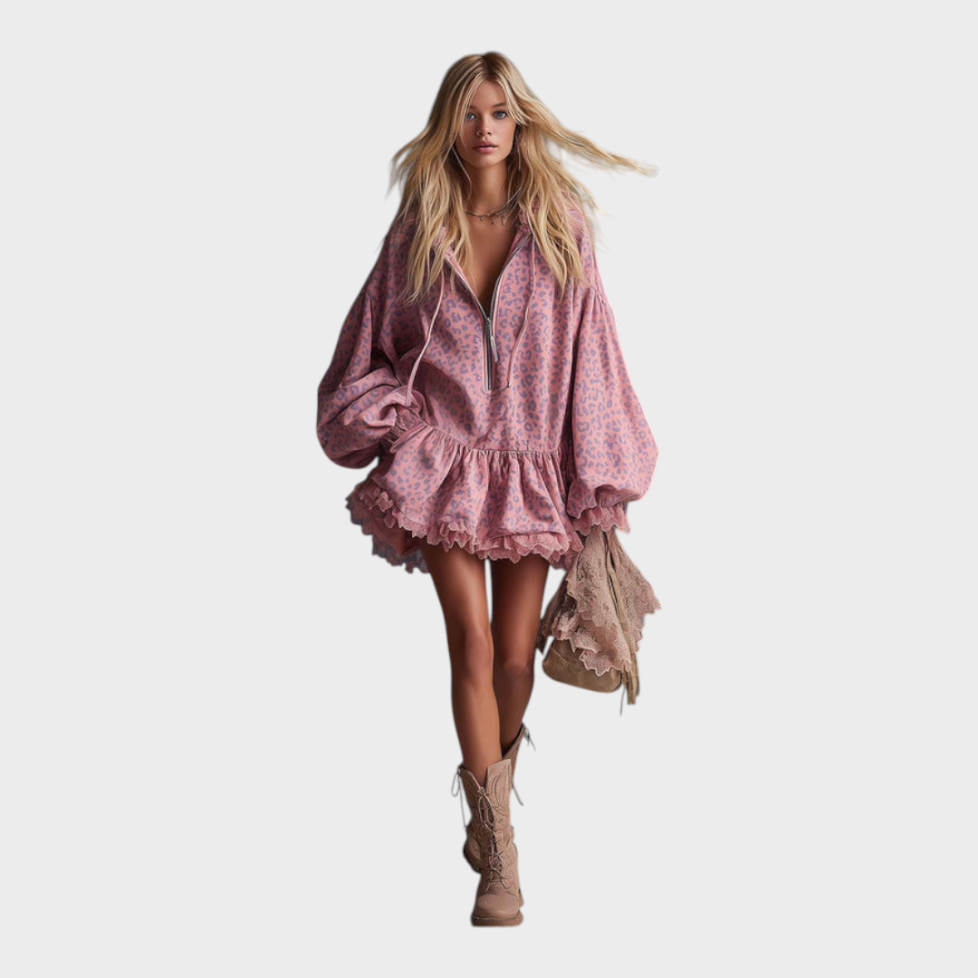 Dayanara | Κομψό Δυτικό Φόρεμα Μίνι με Κουκούλα, Μπροστινό Φερμουάρ και Ραμμένο Σατέν σε Ροζ Λεοπάρ Γράφημα