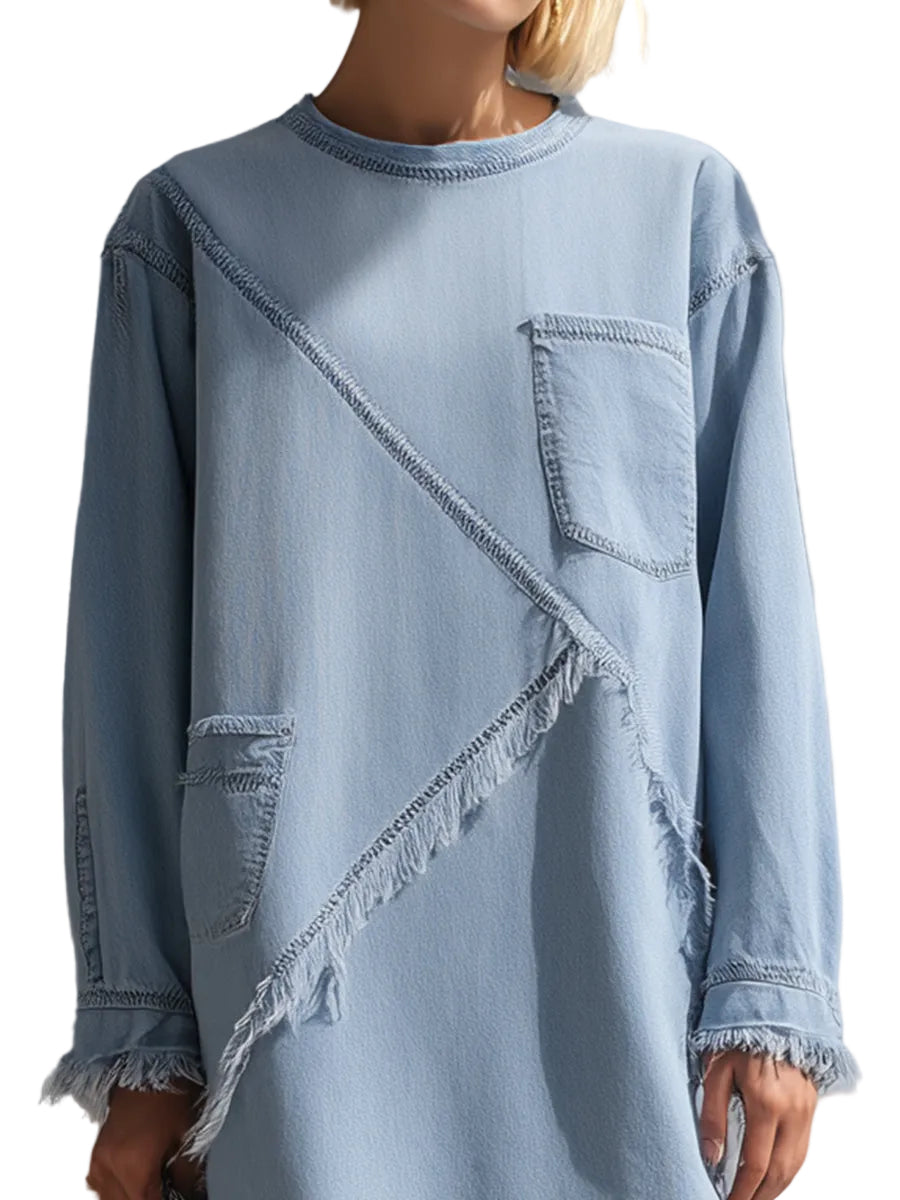 Annie - Light Blue Μίνι Τζιν Φόρεμα με Ξεφτισμένο Τελείωμα (Light Blue Raw-Edge Denim Mini Dress)