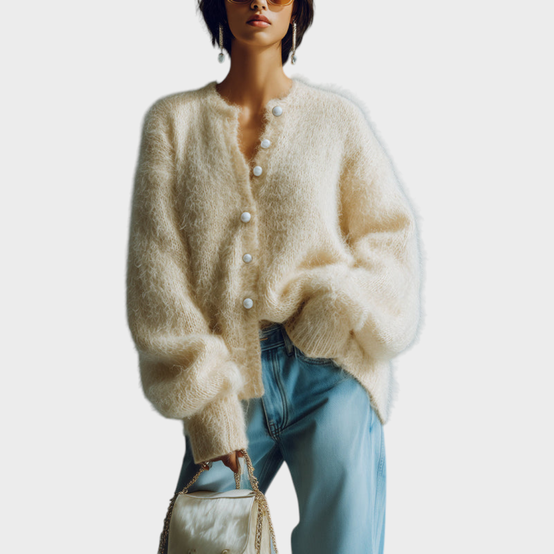 Alannah | Chic Vintage Βεραμάν Στρογγυλή Λαιμόκοψη Μονόκουμπο Μακρυμάνικο Πουλόβερ με Λεπτομέρειες από Πέρλες Oversize Φαζωτό Πλεκτό Καρντάν