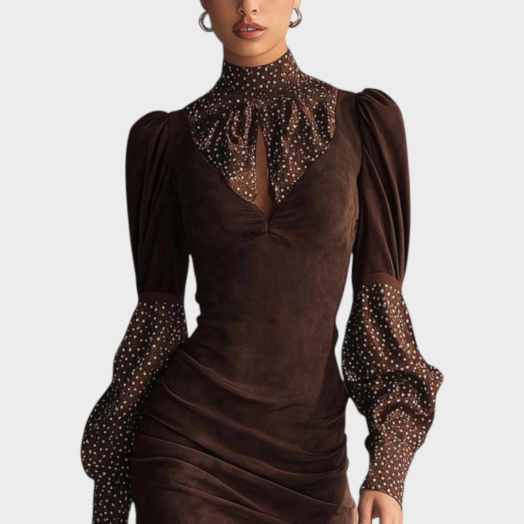 Laira | Καφέ Ψεύτικο Suede Bodycon Φόρεμα Με Σατέν Πουά