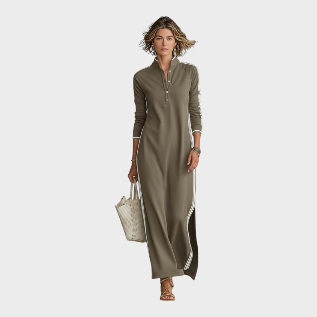 Jenalie | Γυναικείο Μίνιμαλ Φόρεμα Μαξί Μπλούζα με Λευκές Λεπτομέρειες και Κουμπιά MDA0958L0Y