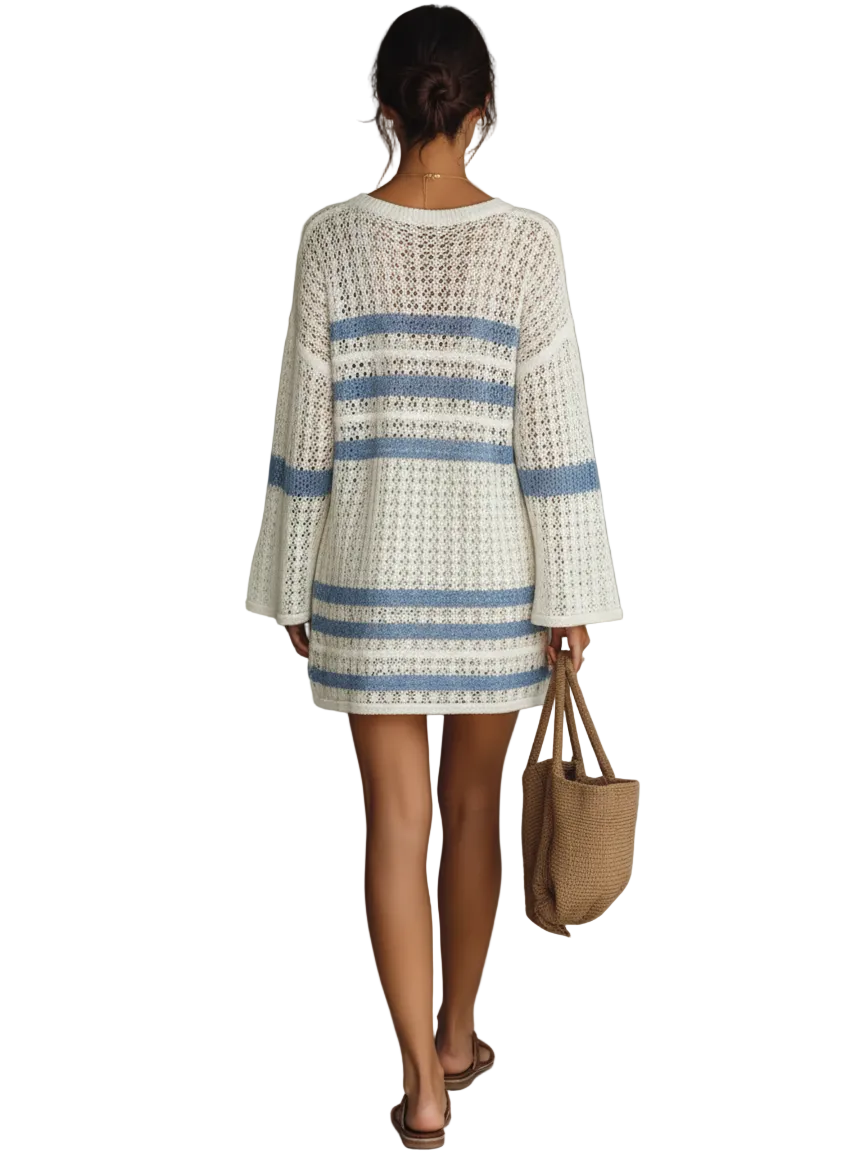 Bri - Γυναικείο Μίνι Πλεχτό Φόρεμα με Ρίγες και Διάτρητο Σχέδιο σε Στυλ Διακοπών (Women's Vacation Style Openwork Knit Striped Mini Dress)