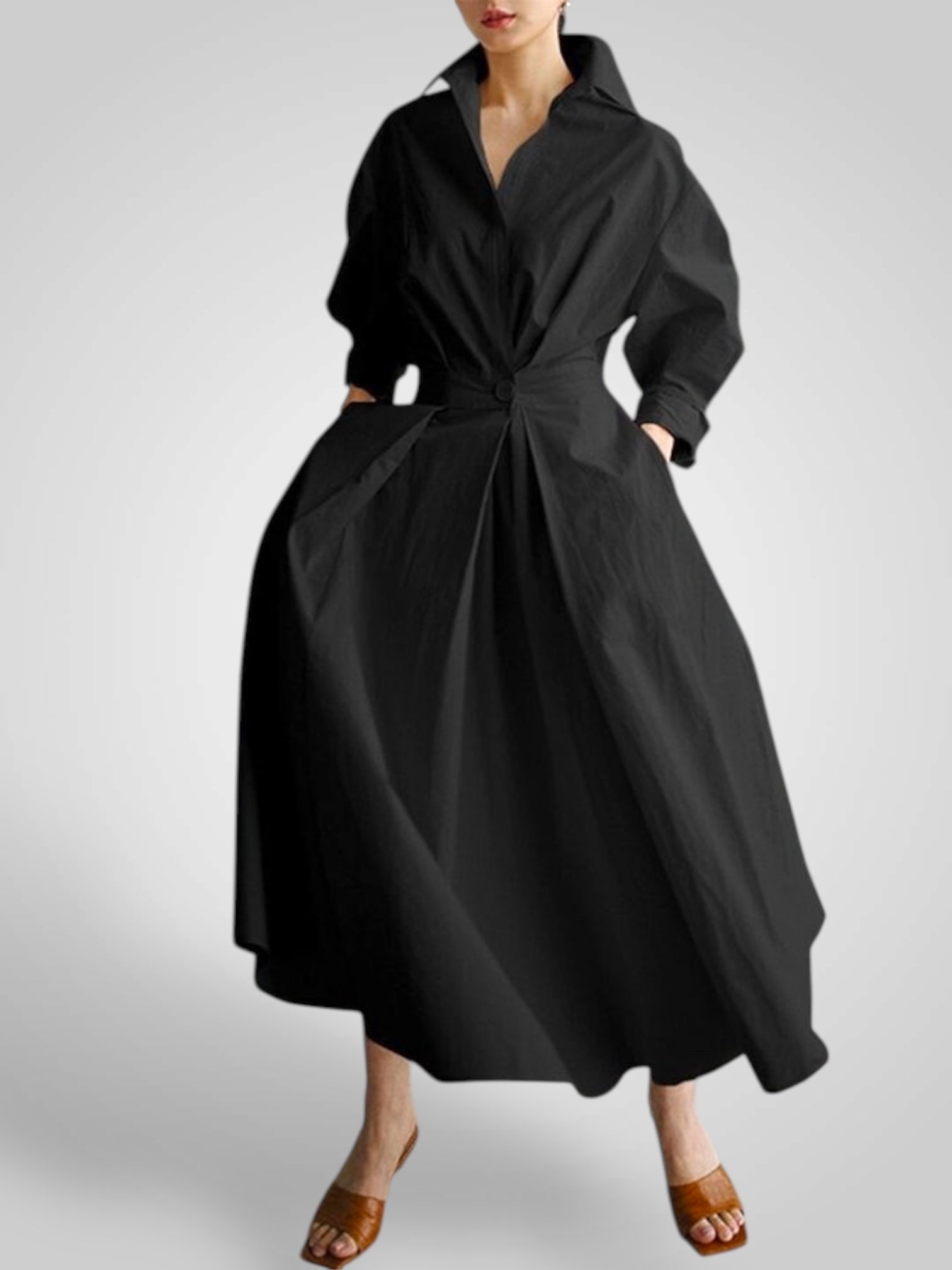 Έλλα | Γυναικεία Μάξι Φόρεμα με Pockets, Buttons, Μακρυμάνικοs