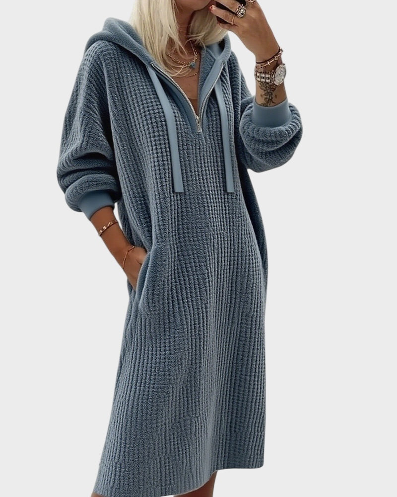 Καθημερινό πλεκτό φόρεμα φούτερ με κούκουλα και σχέδιο κυψέλης