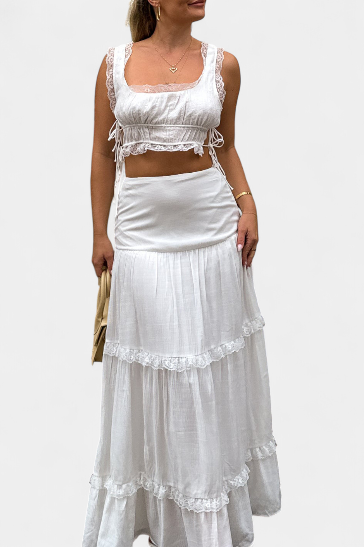 Ilys Romantic Set με Τοπ από Δαντέλα και Μακριά Ογκώδη Φούστα