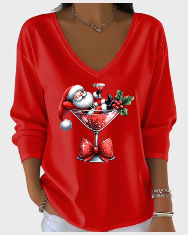 Odette | Χαλαρή Μπλούζα με V-λαιμό και Χριστουγεννιάτικο Μοτίβο με Ποτήρι Κρασιού