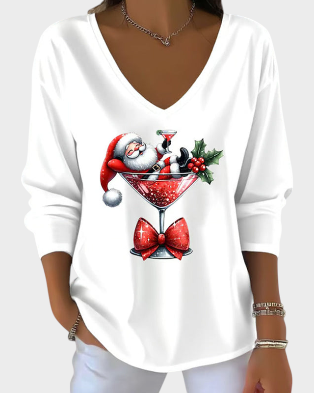 Odette | Χαλαρή Μπλούζα με V-λαιμό και Χριστουγεννιάτικο Μοτίβο με Ποτήρι Κρασιού