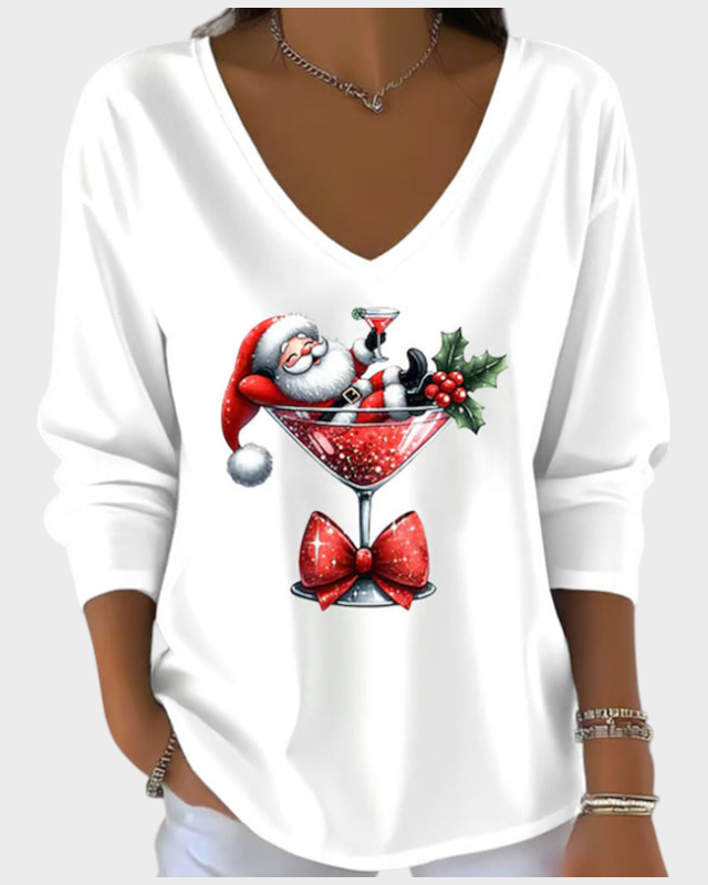 Odette | Χαλαρή Μπλούζα με V-λαιμό και Χριστουγεννιάτικο Μοτίβο με Ποτήρι Κρασιού