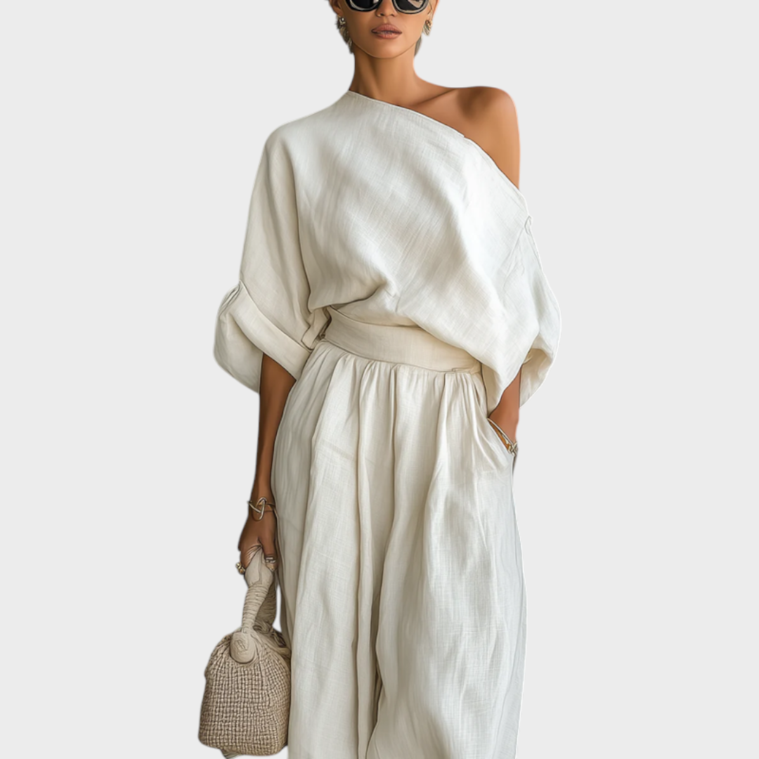 Τζένιφερ | Εκρού Λινό Κοντομάνικο Χαλαρό Τοπ Και Σετ Τραπεζοειδών Παντελονιών