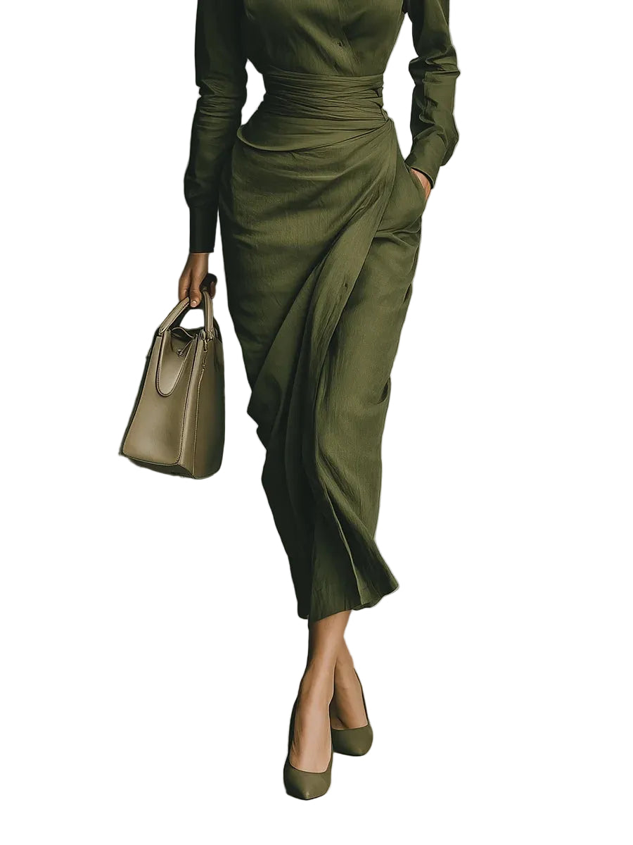 Cassie - Μάξι Φόρεμα από Σύμμεικτο Βαμβακερό Ύφασμα - Χακί (Army Green Cotton Blended Maxi Dress)