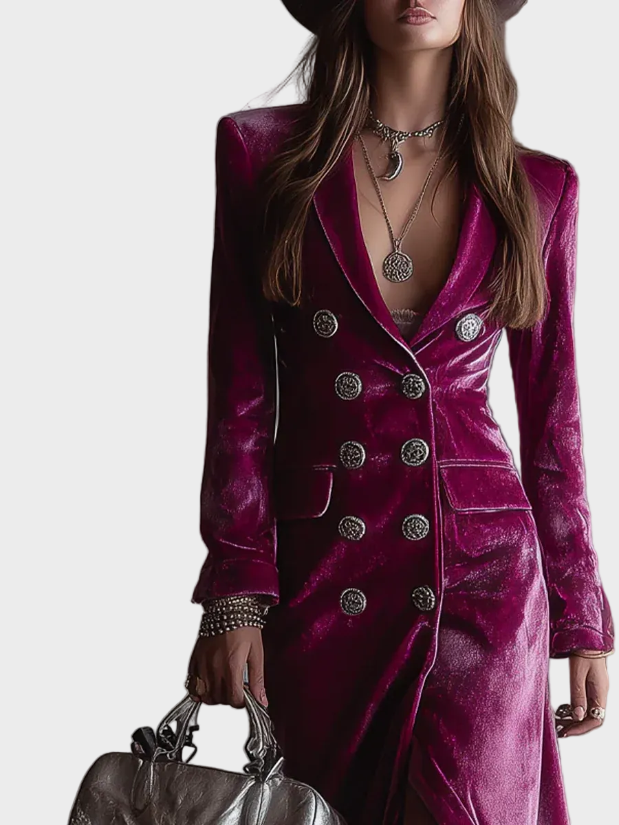 Adeline | Μωβ Βελούδινο Μάξι Φόρεμα-Σακάκι με Κουμπιά